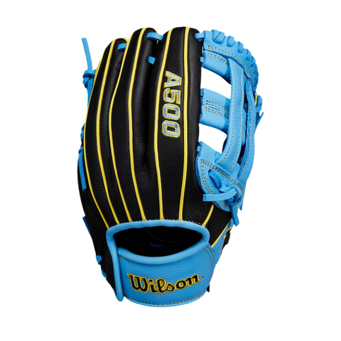 Wilson A500 10.5" Cool Blue/ Black/ Yellow Youth Baseball Gloves- Quickfit Tech
