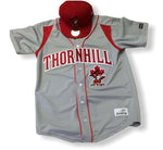 2 colour twill team name and emboidered and applique front patch with piping and inset shoulder colour bar
